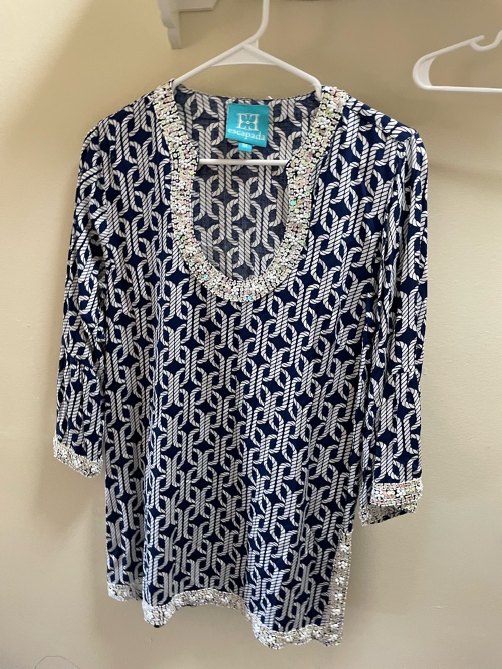 escapada Navy and White Embellished V-Neck Tunic